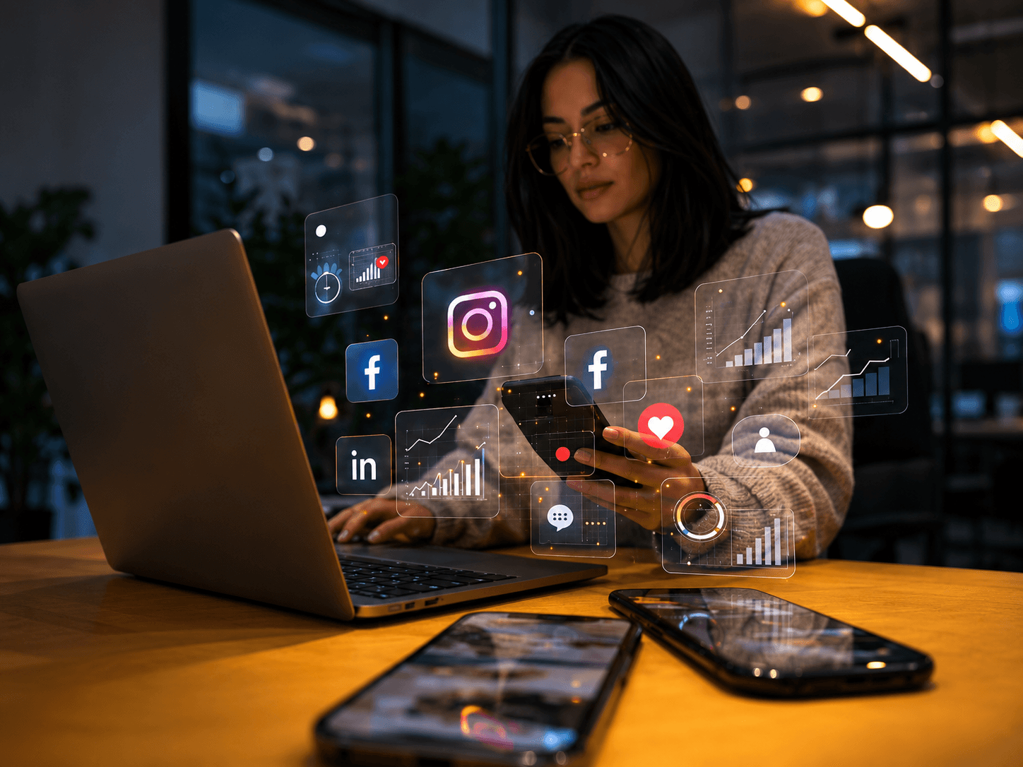 Social media manager reviewing engagement metrics on a laptop